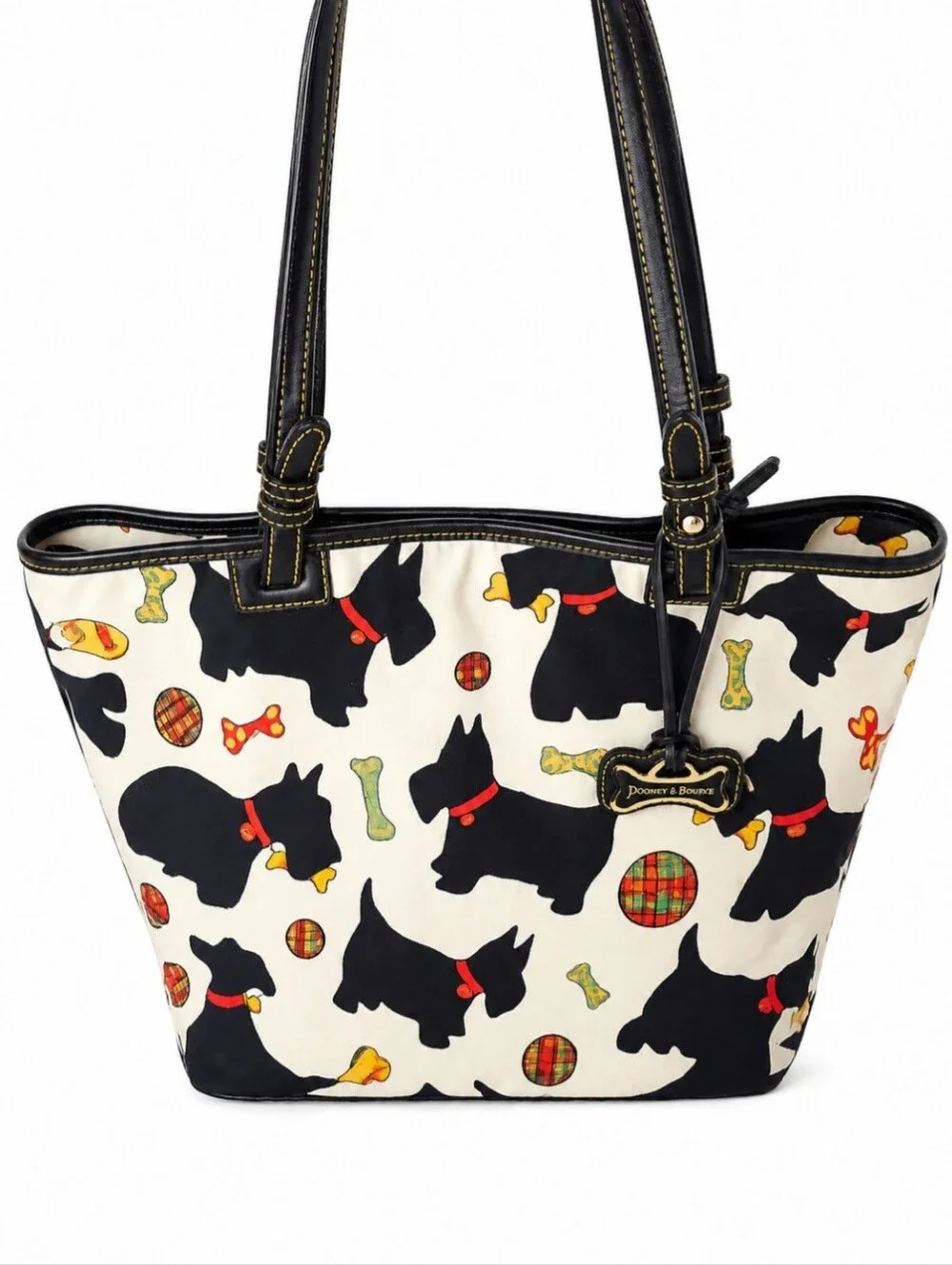 Dooney & Bourke Black Scottie Dog Print Tote, Cream Background + Plaid Interior